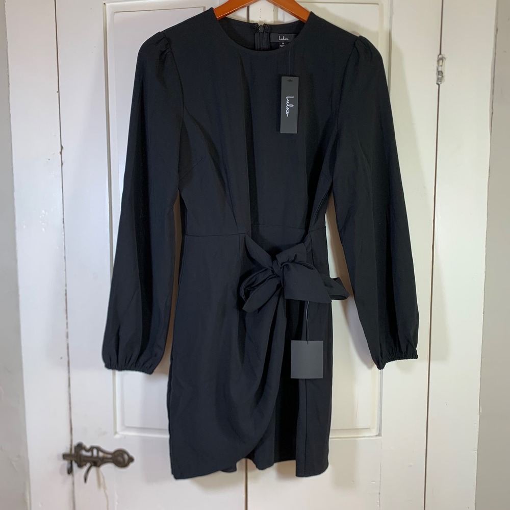 Lulus Black Long Sleeve Tie Front Mini Dress NWT Size Medium LBD Cocktail Formal